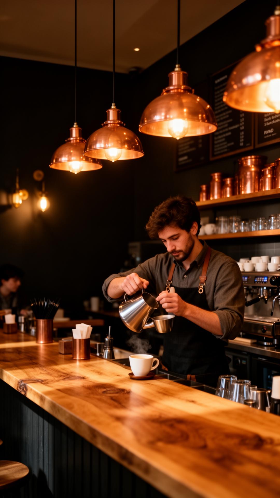 Café Interieur mit Kupferlampen und Barista